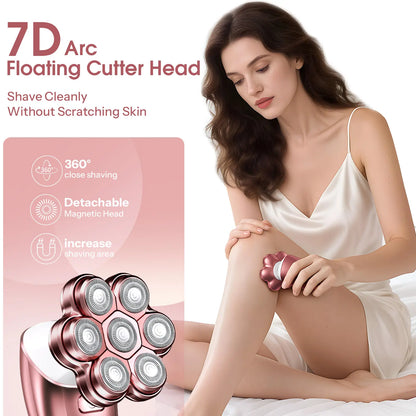 7D Electric Legs & Body Shaver for Women - 5-in-1 Lady Grooming Kit for Bald Head, Legs & Armpits, Waterproof Rechargeable Painless Razor, Cordless Shaver with Floating Heads, Ideal Gift for Her