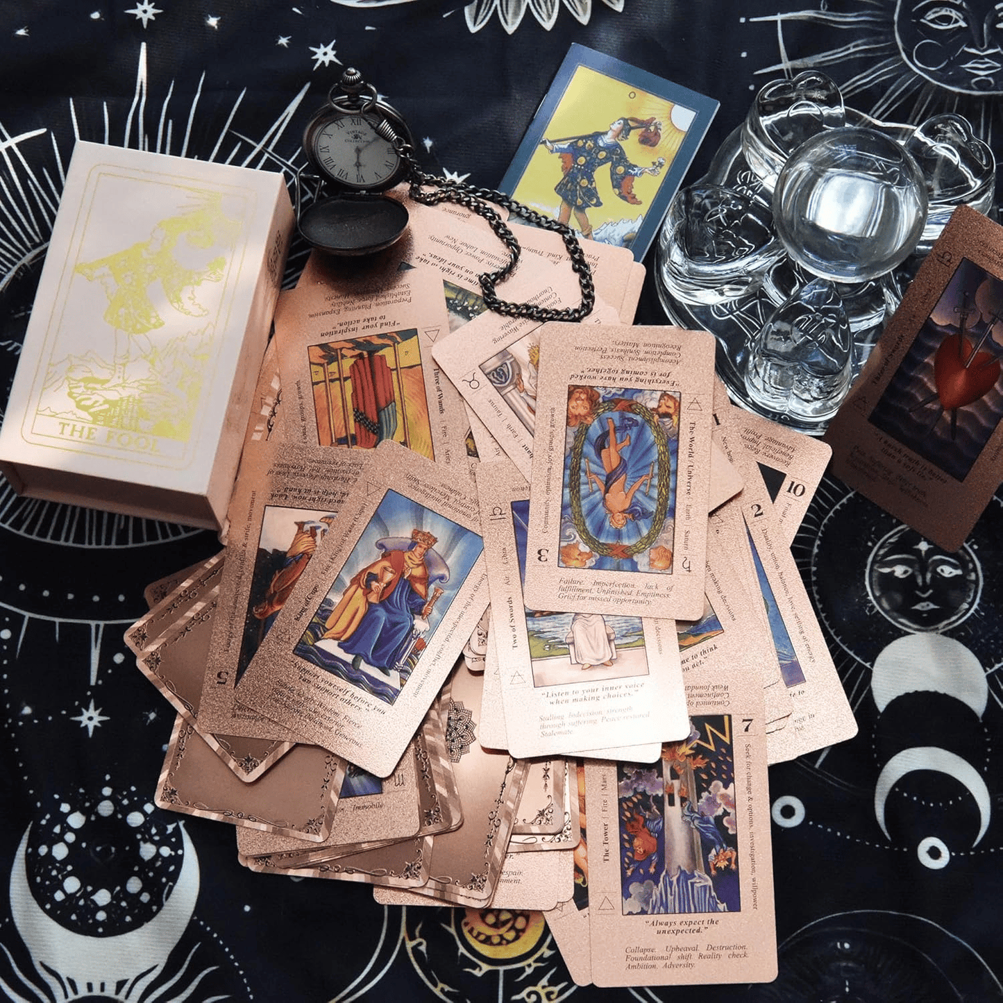 Rose Gold Tarot Cards with Guide Book Waterproof Wrinkle Resistant Foil Tarot Deck for Beginners Includes Chakras Planets Zodiac Signs Elements & Affirmations