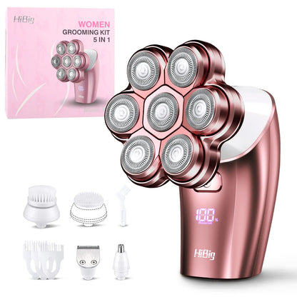 7D Electric Legs & Body Shaver for Women - 5-in-1 Lady Grooming Kit for Bald Head, Legs & Armpits, Waterproof Rechargeable Painless Razor, Cordless Shaver with Floating Heads, Ideal Gift for Her