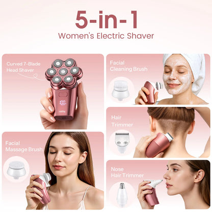 7D Electric Legs & Body Shaver for Women - 5-in-1 Lady Grooming Kit for Bald Head, Legs & Armpits, Waterproof Rechargeable Painless Razor, Cordless Shaver with Floating Heads, Ideal Gift for Her
