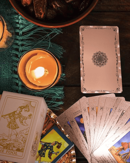 Rose Gold Tarot Cards with Guide Book Waterproof Wrinkle Resistant Foil Tarot Deck for Beginners Includes Chakras Planets Zodiac Signs Elements & Affirmations